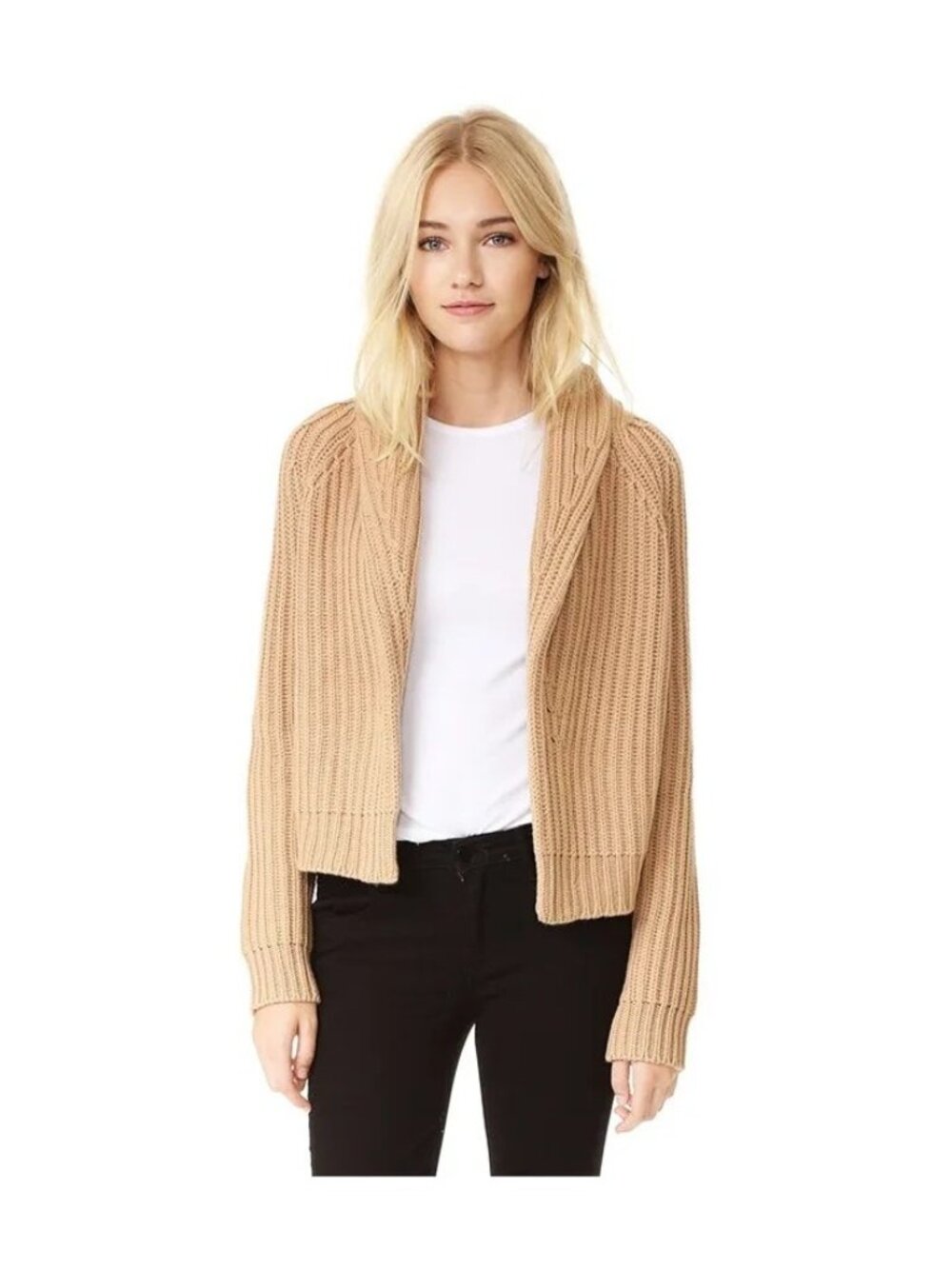 Vince Camel Ribbed Wool Cashmere Shawl Collar Open Front Cardigan Sweater